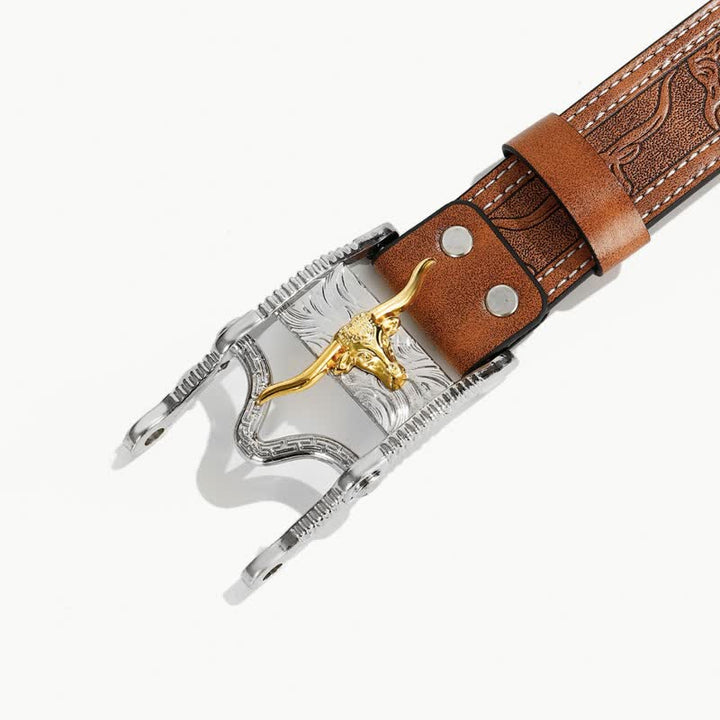 Men's Unique Western Bull Head Buckle Leather Belt