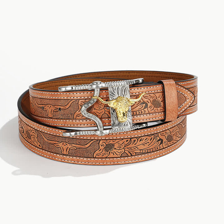 Men's Unique Western Bull Head Buckle Leather Belt