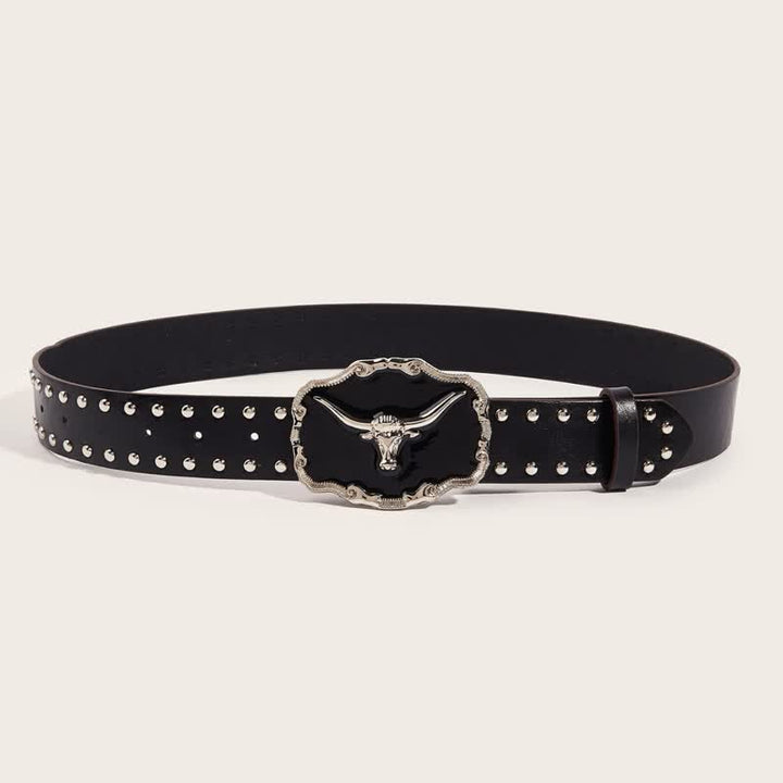 Men's Black Longhorn Bull Rivet Leather Belt