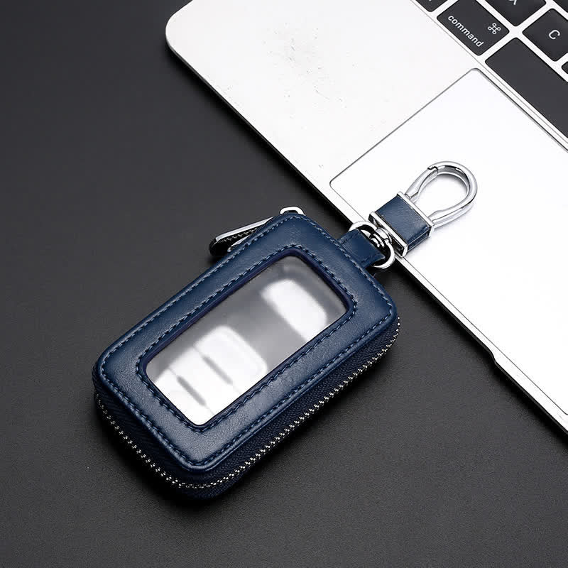 Convenient Transparent Window Zipper Leather Key Case - Blue - image 9