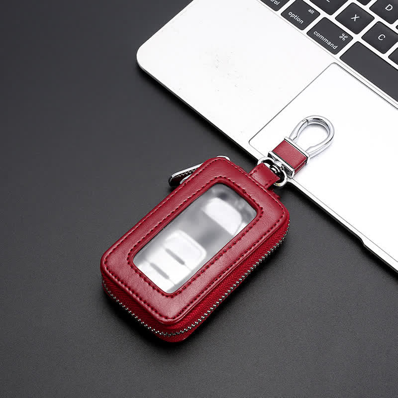 Convenient Transparent Window Zipper Leather Key Case - Red - image 10