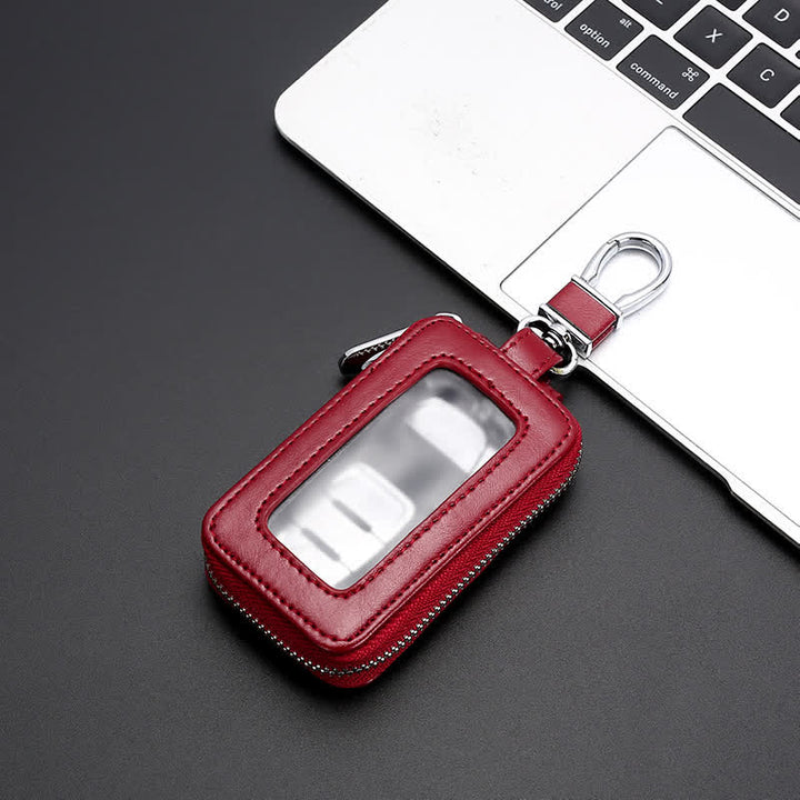 Convenient Transparent Window Zipper Leather Key Case - Red - image 10