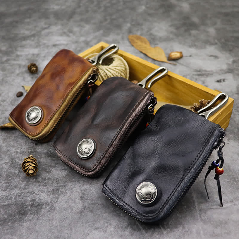 Vintage Medieval Zipper Wallet Leather Key Case - image 1