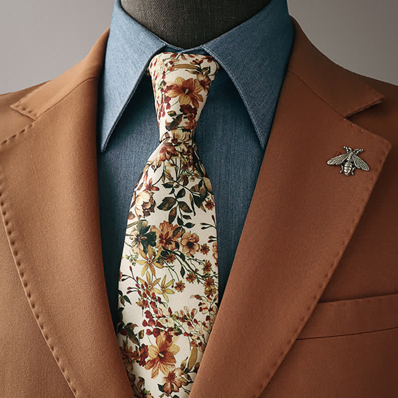 Men's Casual Orange & Ivory Flowers Necktie - Orange & Ivory - image 0