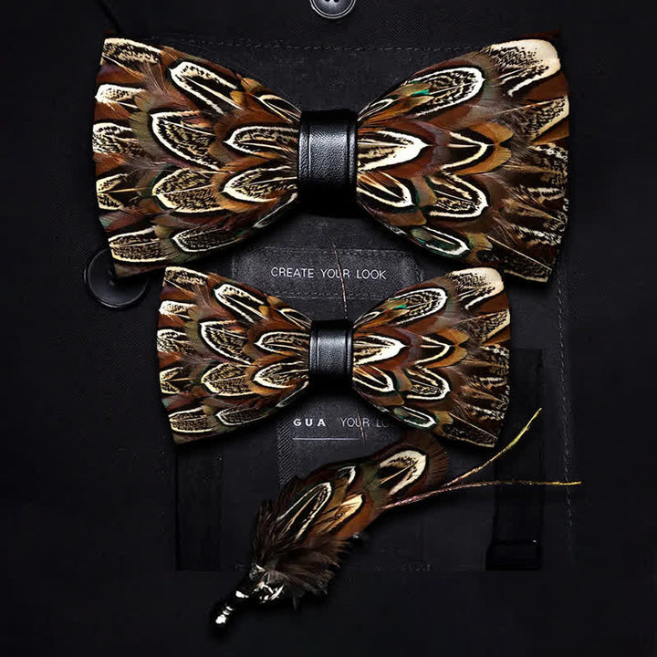 Kid's Brown Pheasant Feather Bow Tie with Lapel Pin