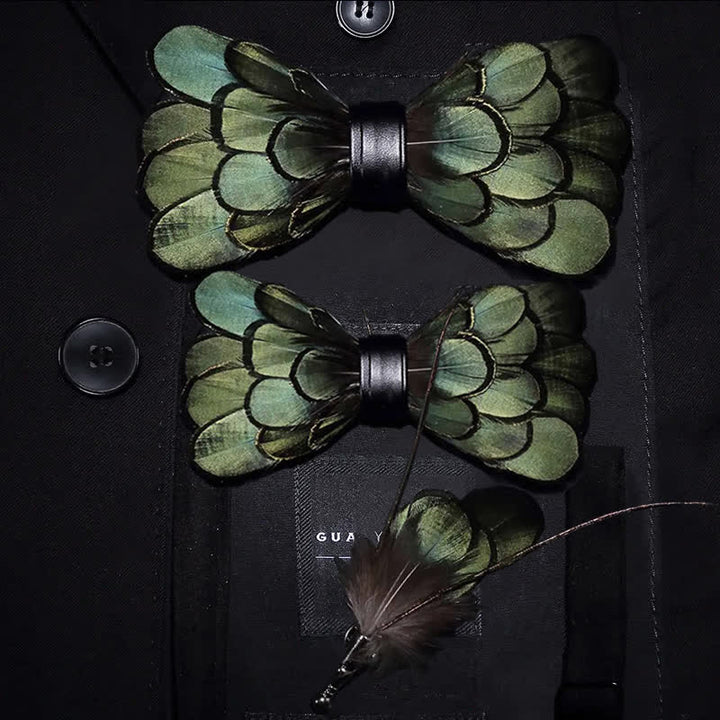 Kid's DarkOliveGreen Classic Feather Bow Tie with Lapel Pin