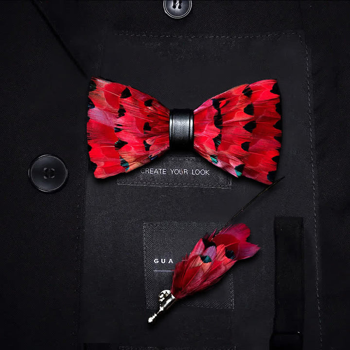 Kid's Red Finch Tail Feather Bow Tie with Lapel Pin