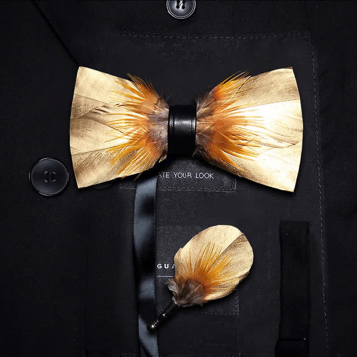 Kid's Gold & Tobacco Feather Bow Tie with Lapel Pin