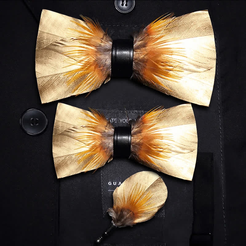 Kid's Gold & Tobacco Feather Bow Tie with Lapel Pin