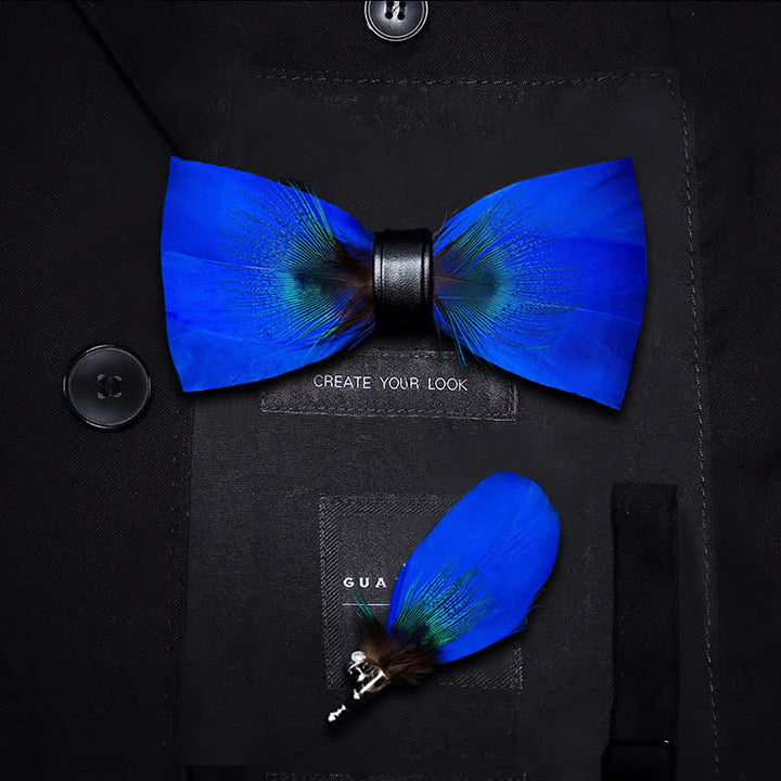 Kid's Oxford Blue Peacock Feather Bow Tie with Lapel Pin