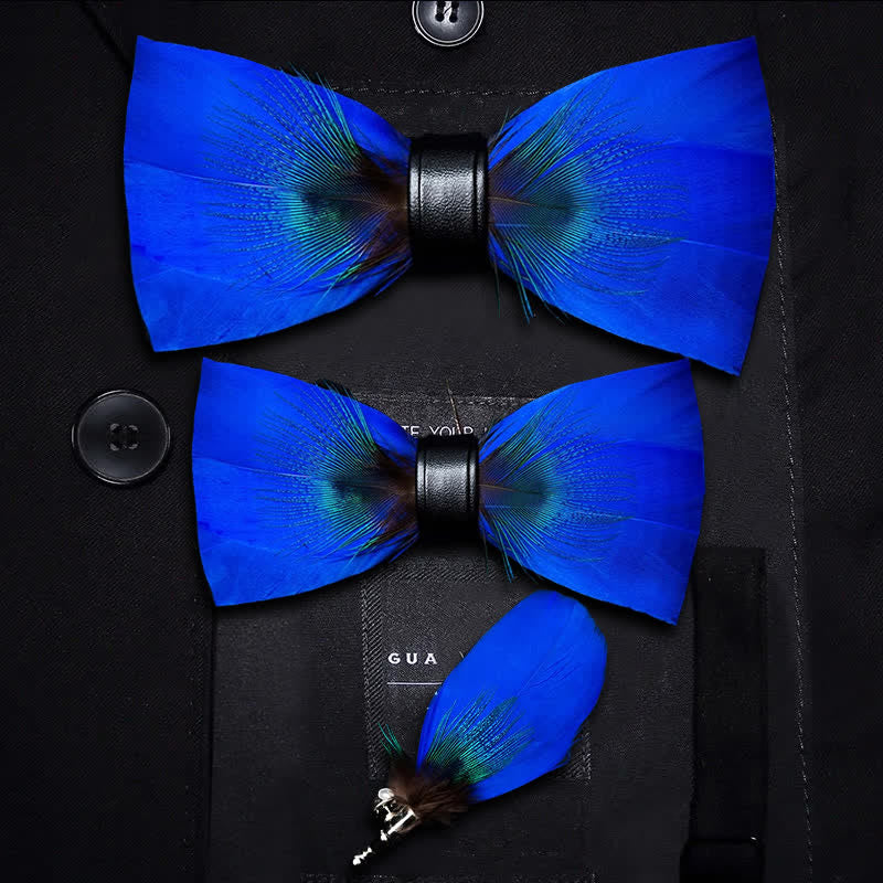 Kid's Oxford Blue Peacock Feather Bow Tie with Lapel Pin