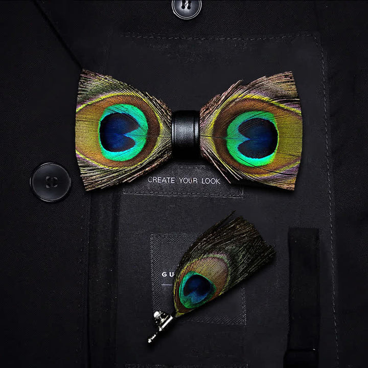 Kid's Green Peacock Feather Bow Tie with Lapel Pin