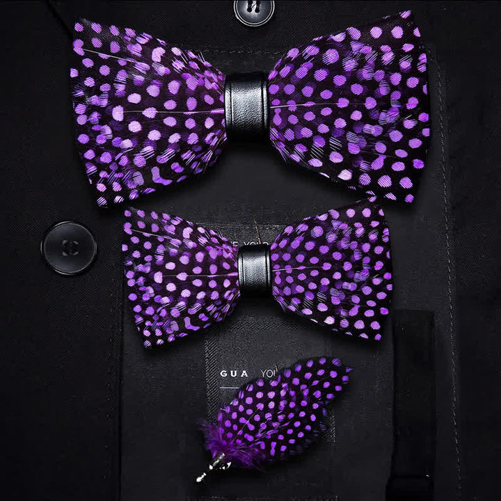 Kid's DarkViolet White Polka Dots Feather Bow Tie with Lapel Pin