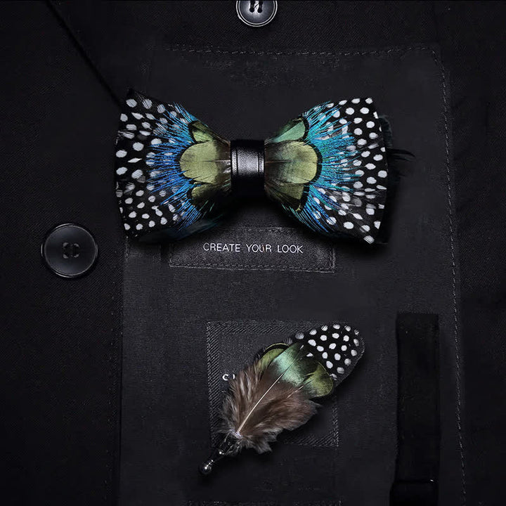 Kid's Green & Blue Polka Dots Feather Bow Tie with Lapel Pin