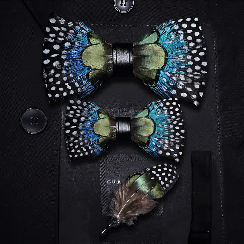 Kid's Green & Blue Polka Dots Feather Bow Tie with Lapel Pin