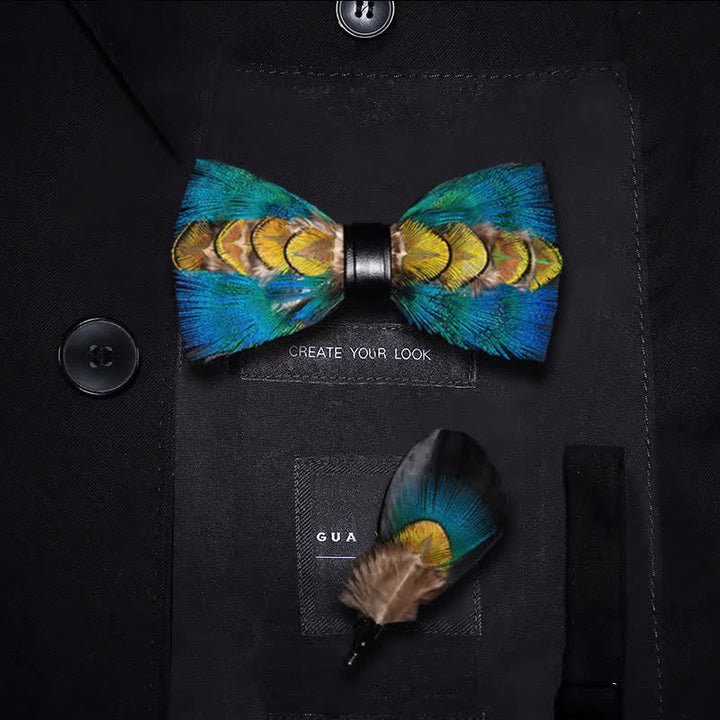 Kid's Blue & Green-yellow Feather Bow Tie with Lapel Pin