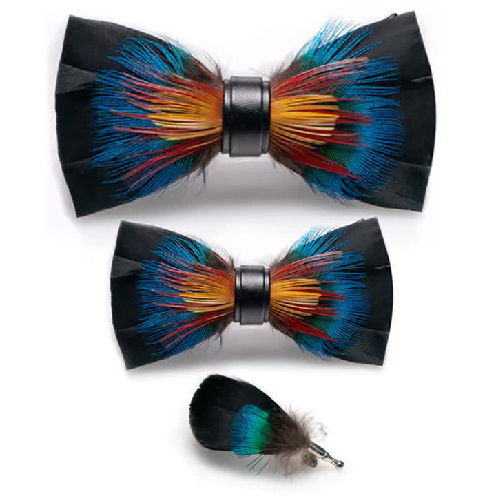 Kid's Black & Multicolored Blossom Feather Bow Tie with Lapel Pin