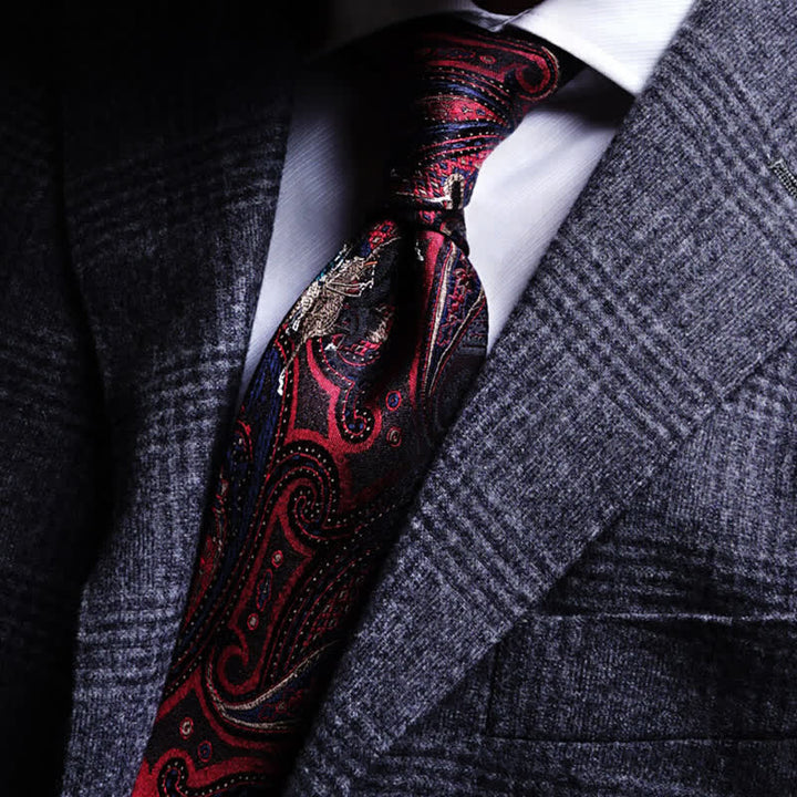 Men's Riding Horse Embroidery Red Paisley Necktie