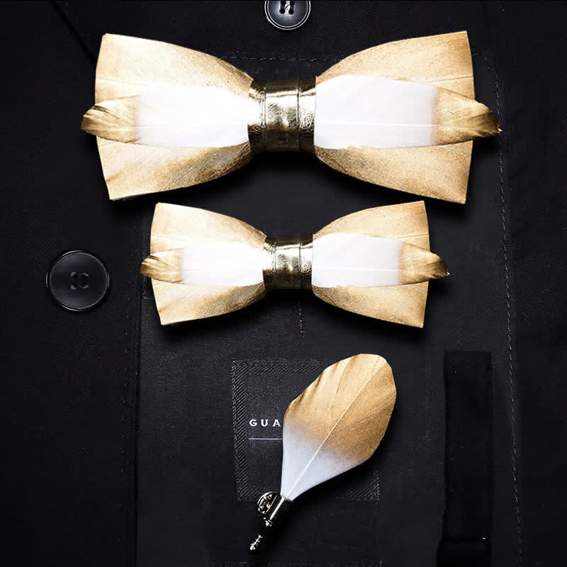 Kid's Gold & White Butterscotch Feather Bow Tie with Lapel Pin