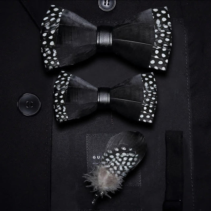 Kid's Black Polka-dotted Feather Bow Tie with Lapel Pin