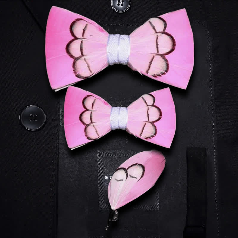 Kid's Powerfully Pink Feather Bow Tie with Lapel Pin