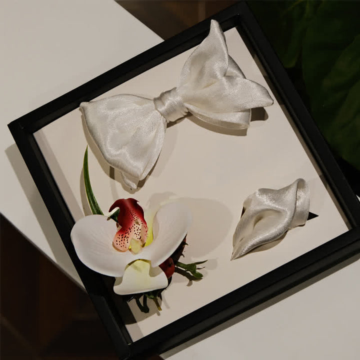 3Pcs Men's White Phalaenopsis Bow Tie Handkerchief Set