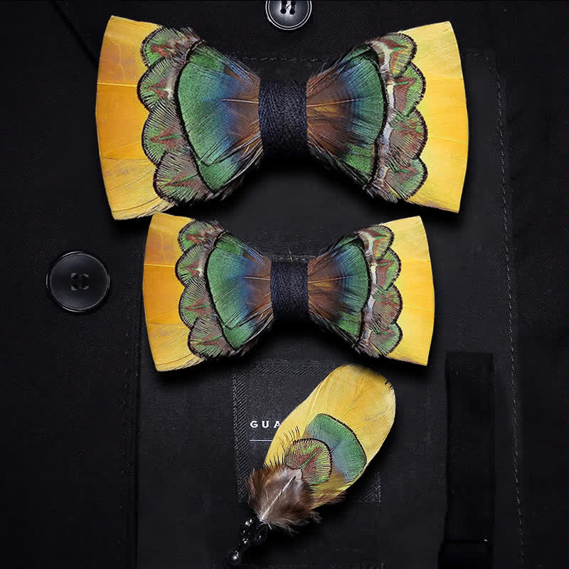 Kid's Bright Yellow & Green Peacock Feather Bow Tie with Lapel Pin