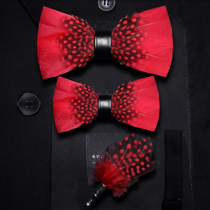 Kid's Red & Black Finch Feather Bow Tie with Lapel Pin