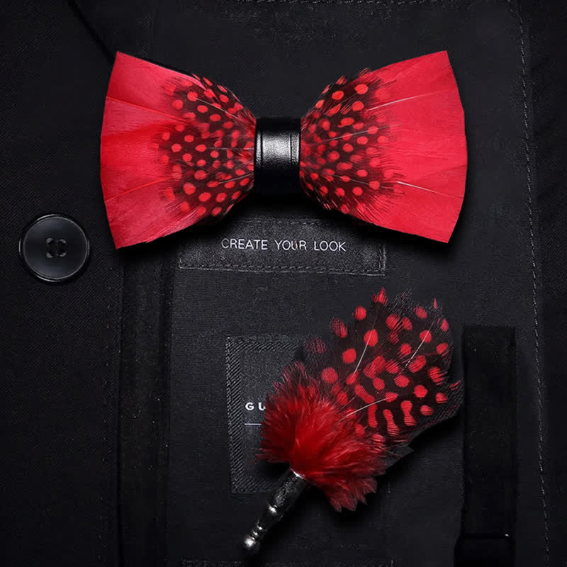 Kid's Red & Black Finch Feather Bow Tie with Lapel Pin