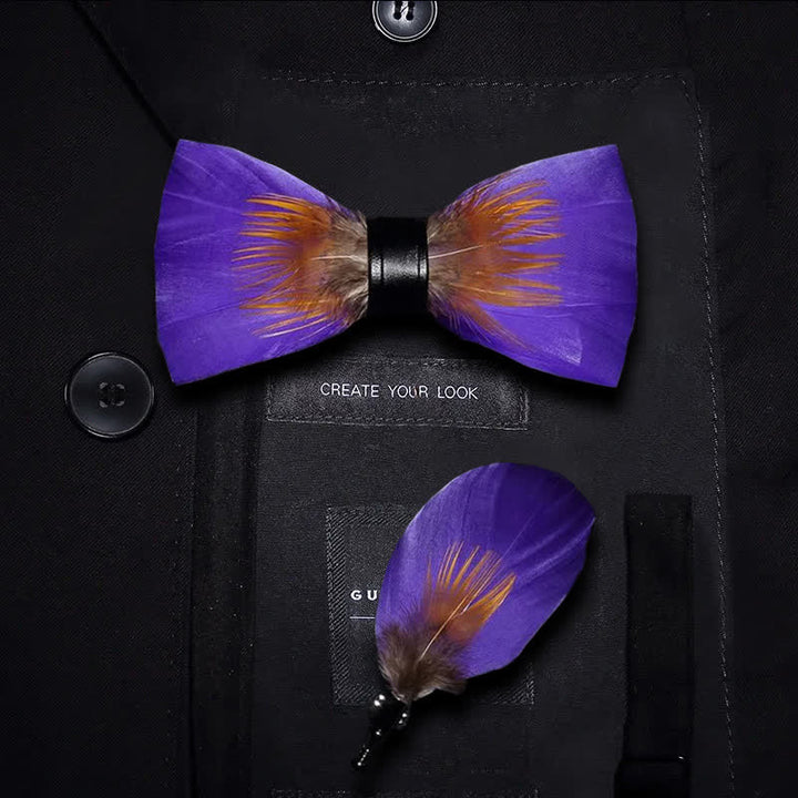 Kid's Purple & Orange Embellished Feather Bow Tie with Lapel Pin