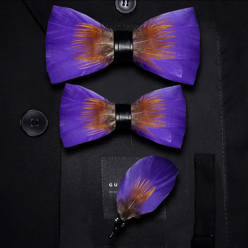 Kid's Purple & Orange Embellished Feather Bow Tie with Lapel Pin