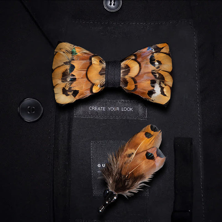 Kid's Beige & Gold Pheasant Feather Bow Tie with Lapel Pin