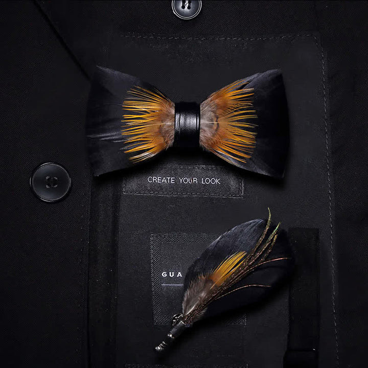 Kid's Orange & Black Sunflower Feather Bow Tie with Lapel Pin