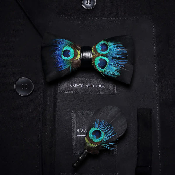 Kid's Black & Blue Peacock Eye Feather Bow Tie with Lapel Pin