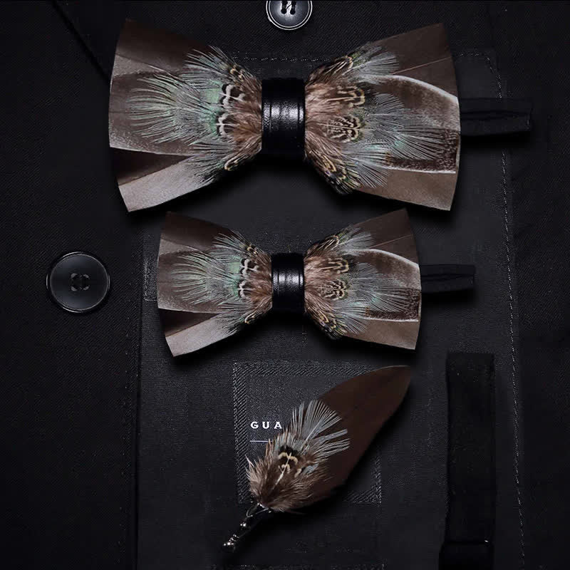 Kid's Brown Rustic Feather Bow Tie with Lapel Pin