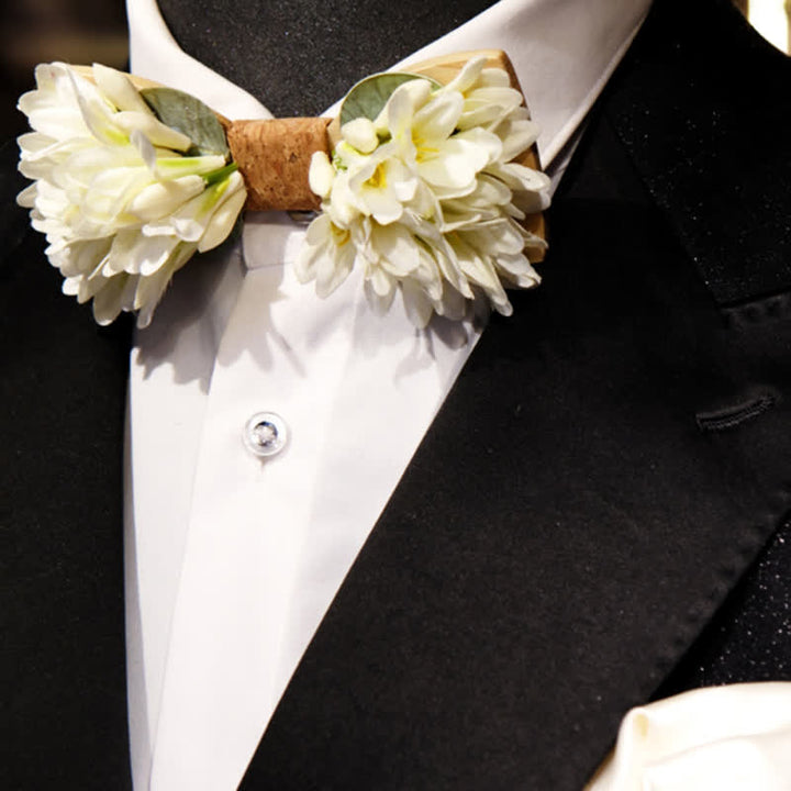 Men's Pure White Artificial Flower Wooden Bow Tie