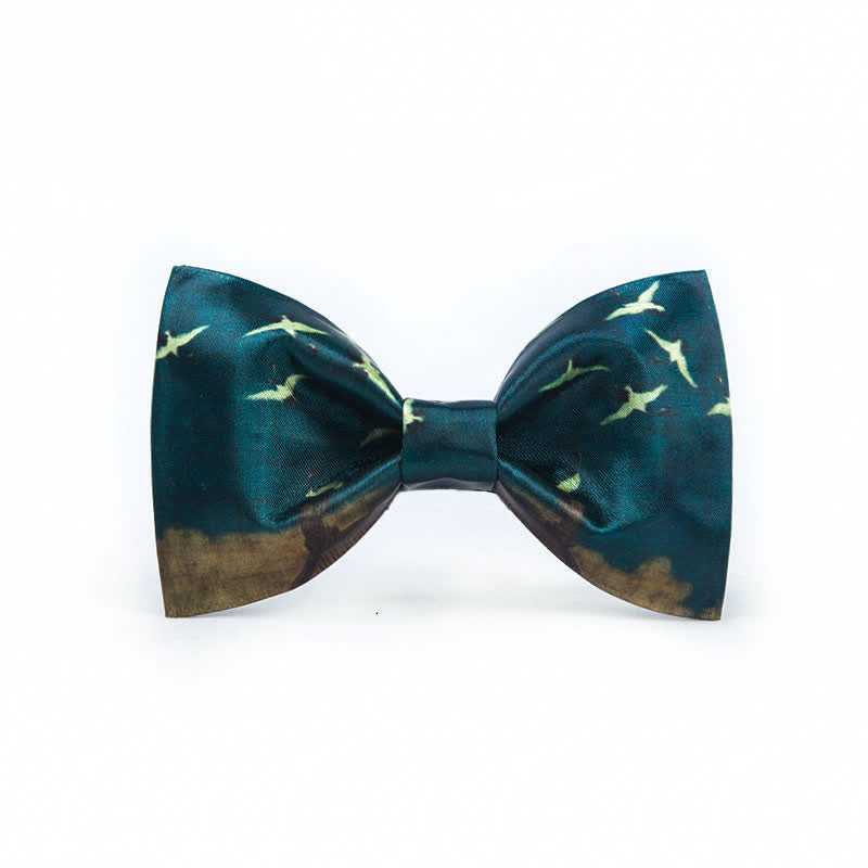 Men's Dark Green Flying Crane Printing Bow Tie