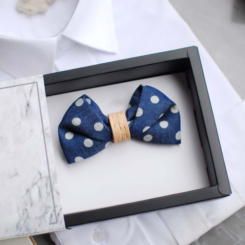 Men's Blue Polka Dots Leather Loop Bow Tie