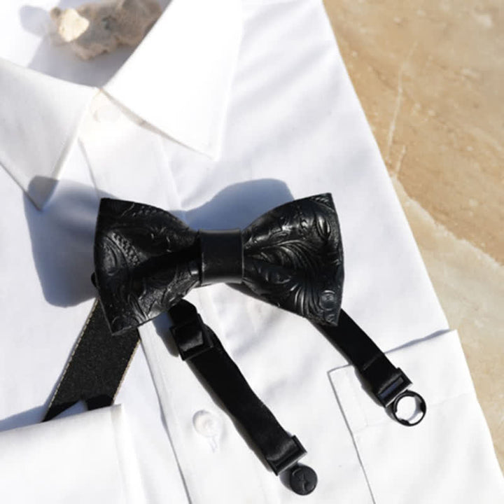 Men's Embossed Pleated Pattern Black Leather Bow Tie