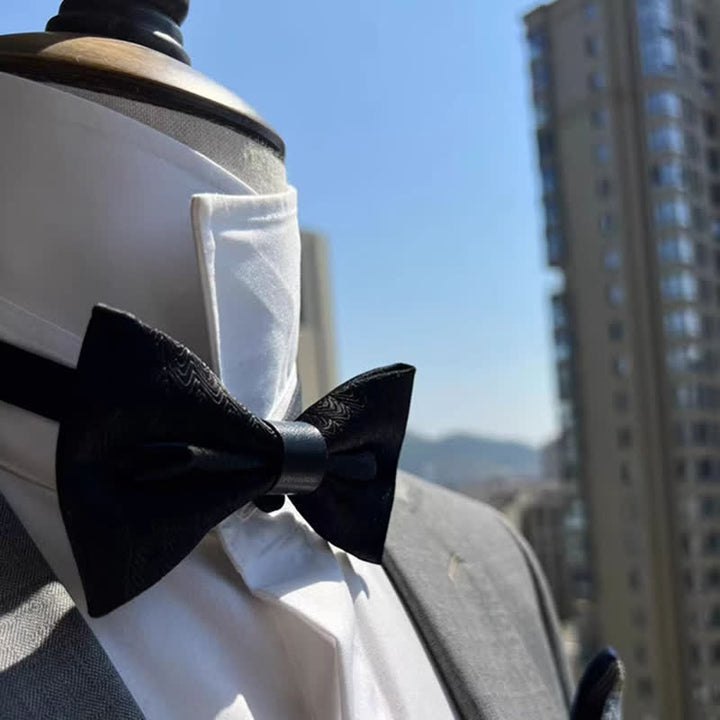 Men's Embossed Pleated Pattern Black Leather Bow Tie