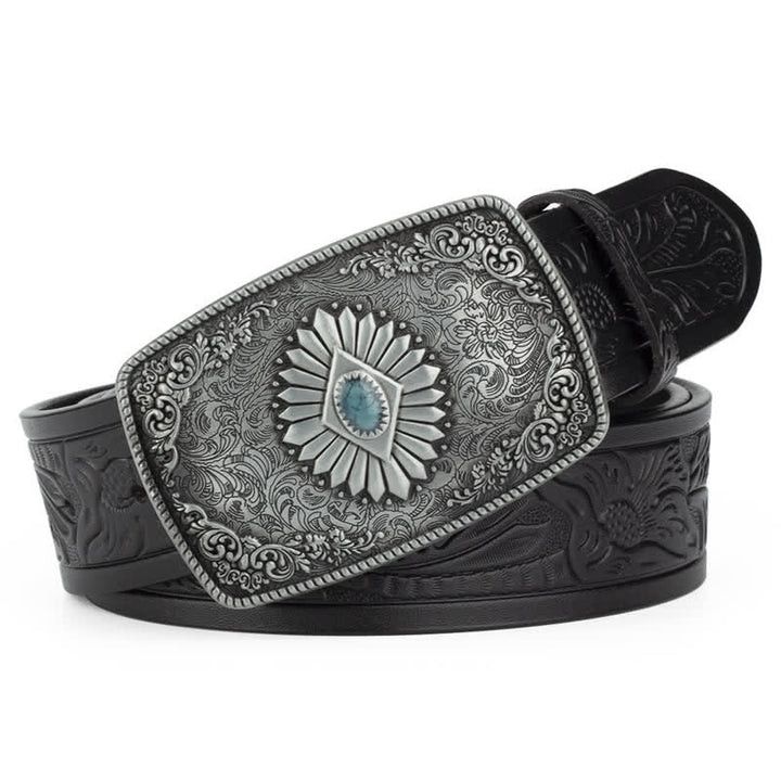 Men's Floral Engraving Pattern Automatic Buckle Leather Belt