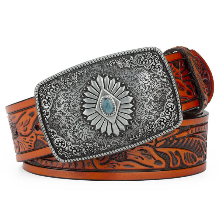 Men's Floral Engraving Pattern Automatic Buckle Leather Belt