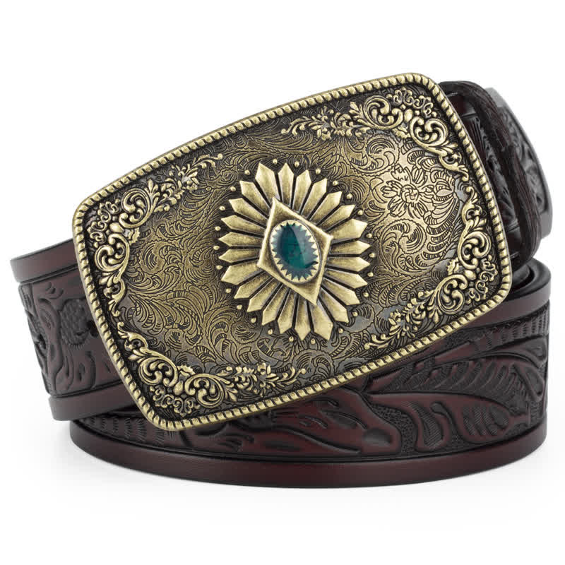 Men's Floral Engraving Pattern Automatic Buckle Leather Belt