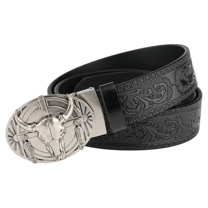 Men's Longhorn Bull With Feather Automatic Buckle Leather Belt