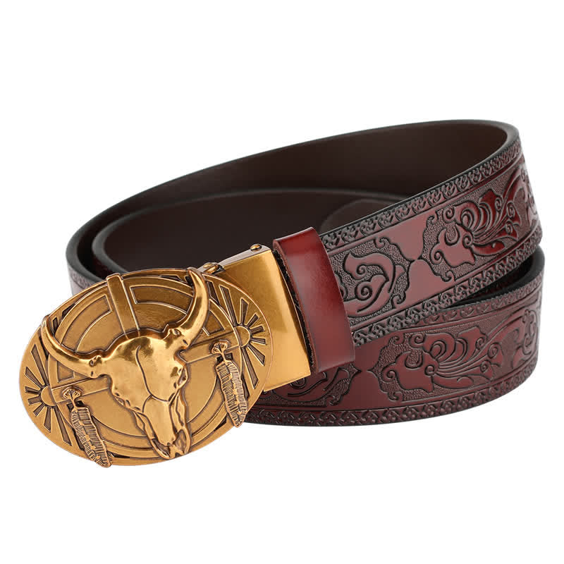 Men's Longhorn Bull With Feather Automatic Buckle Leather Belt