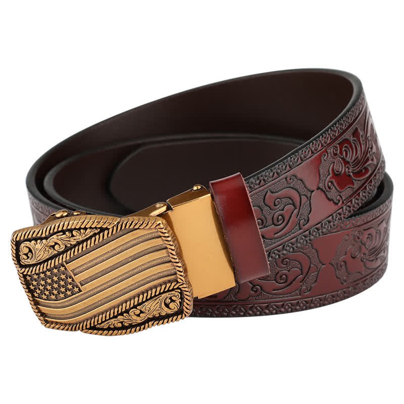 Men's Carved American Flag Automatic Buckle Leather Belt