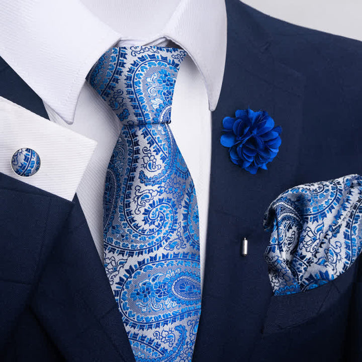 4Pcs Men's Blue Series Floral Striped Necktie Set