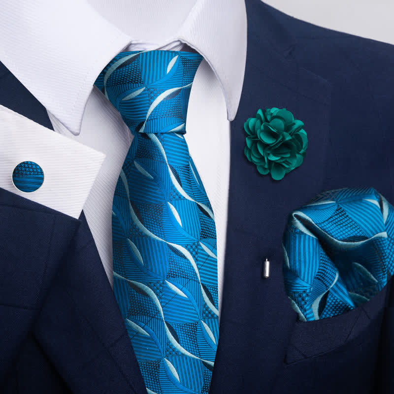 4Pcs Men's Blue Series Floral Striped Necktie Set