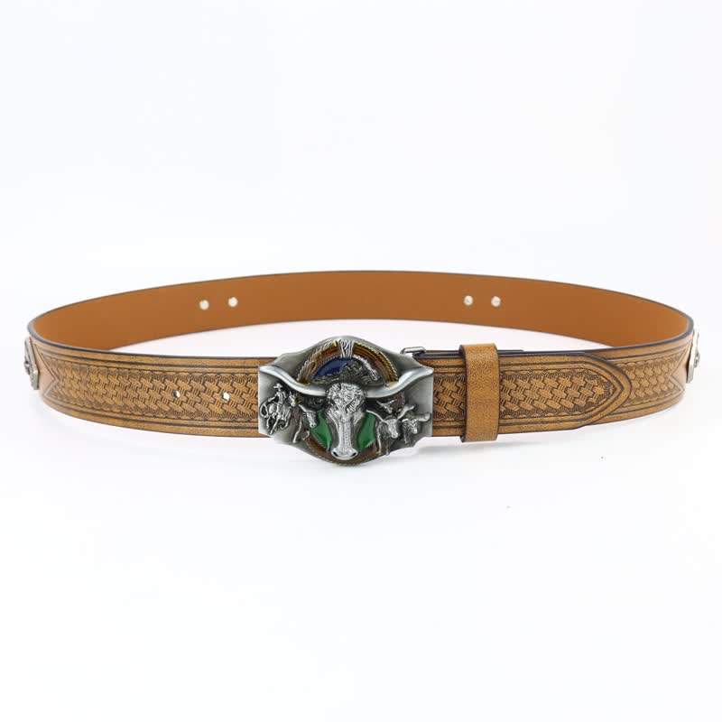 Men's Wild Texas Longhorn Bull Head Leather Belt