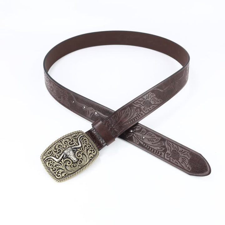 Men's Bronze Bull Pattern Floral Engraved Leather Belt